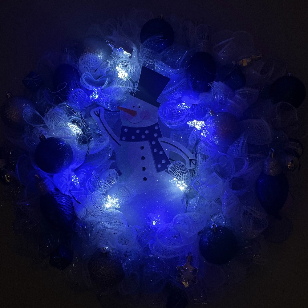 Festive Snowman Wreath with Blue Lights